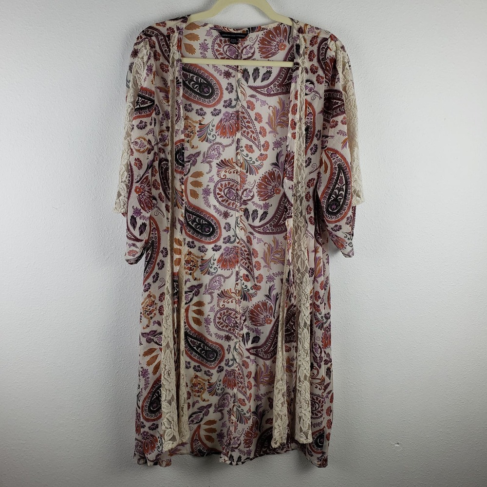 American Eagle Women's M Open Front Long Shawl Rust Gold Paisley‎ Boho Lagenlook